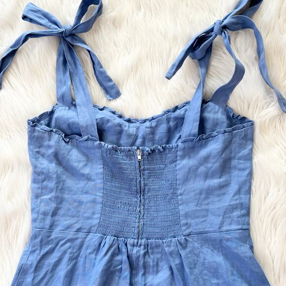 REFORMATION Desiree Linen Mini Dress Ruffle Sweetheart Bustier Tie Strap Blue - Picture 10 of 15